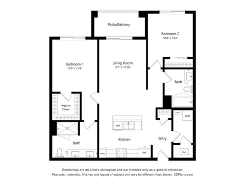 Floor plan for 2 beds, 2 baths, 1137 sqft